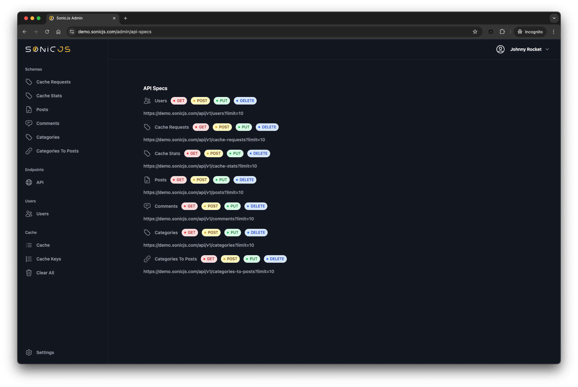 SonicJs Admin UI API Spec