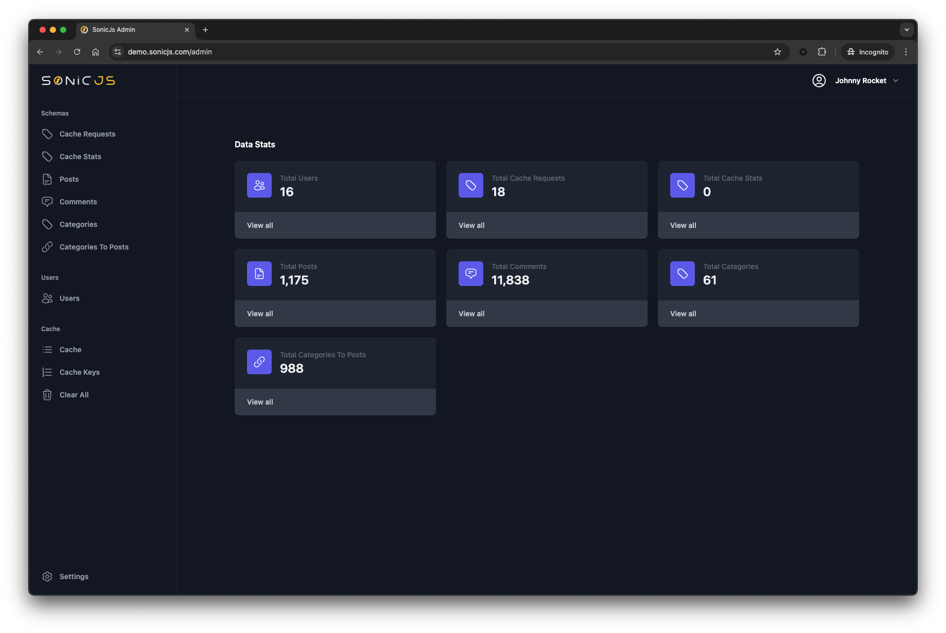 SonicJs Admin UI Home